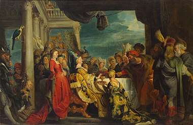 Painting of a banquet with many participants in which a bearded man points to a woman with a cup while a seated woman looks the scene