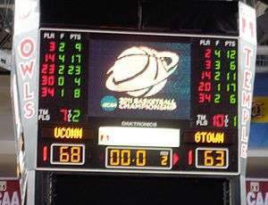 Scoreboard at the conclusion of the 2011 Philadelphia regional semifinal between Connecticut and Georgetown Women's basketball teams