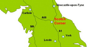Map showing the location of Scotch Corner in northern England