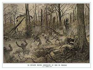 illustration of Marines chasing German soldiers through a forest shattered by artillery, one Marine centered is stabbing a German through the chest with a bayonet