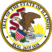 A state seal, with Illinois' name and date of admission to the Union, and an eagle with ribbon in mouth and clutching a Federal shield