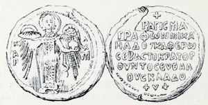 Black-and-white sketch of a seal showing a winged archangel on the obverse, and a Greek inscription on the reverse