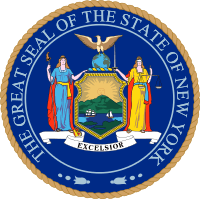 "The Great Seal of the State of New York": Blue-robed person at left, yellow-robed person at right, eagle at middle above the globe, which is above the plate of the green valley