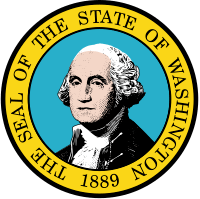 A circular seal that contains the image of George Washington with a light blue background, along with "The Seal of the State of Washington" and "1889" written clockwise within a yellow banner surrounding Washington.