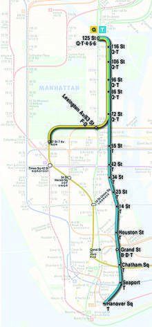 Proposed map of the Manhattan portions of the Q and T trains upon completion of Phase 4. The T is planned to eventually serve the full line between Harlem–125th Street and Hanover Square, and the Q will serve the line between 72nd Street and Harlem–125th Street.