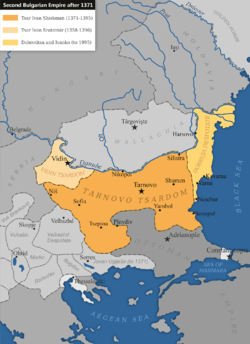 A map of the divided Bulgarian Empire in the late 14th century