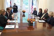 Little (as Labour leader) sitting with other politicians and officials on the left of the table, with US Secretary of State Rex Tillerson and other officials on the right of the table