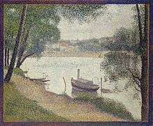 Pointillist painting of a small steamboat moored on the river Seine.
