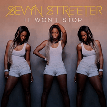 A woman standing right next to two versions of herself under a yellow-colored title saying Sevyn Streeter with the single name white-colored saying It Won't Stop