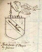Drawing of a coat of arms with a falcon and a spear