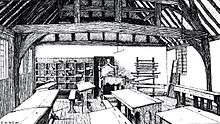 Drawing of the Stratford grammar school, showing the interior of a classroom with student desks and benches