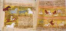 Pages of an old manuscript, filled with script. Several paintings of horses are shown, including horses running free and interacting with humans.