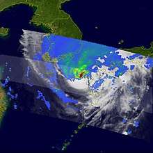 An image of Shanshan captured by the TRMM satellite on September 17 showing how much rain the storm was producing as it made landfall, with intense rain located near the centre, over the western tip of Kyūshū. A broad area of light to moderate rain extends outwards ahead of the storm.