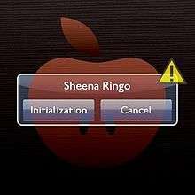 A digitally drawn red apple. In front of it is a computer prompt in the style of an Apple prompt, asking the used if they want to initialize of cancel Sheena Ringo.