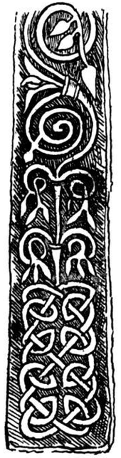 Black and white drawing of an elongated rectangular stone carved with geometric and spiral patterns.