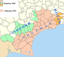 Map showing Shepway in 1900 compared with Shepway in 1974, with the parishes now in Dover and Ashford Districts so indicated
