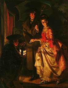 painting of young couple in Georgian dress entering a coach