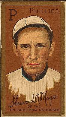 A baseball-card image of a man in an old-style white baseball cap and jersey