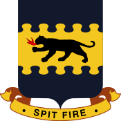 An insignia with a dark four-legged feline breathing fire on a yellow background. There is a blue artistic border at the top and bottom. Below a banner reads "Spit fire".