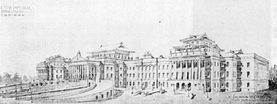A pencil drawing of a large four story municipal building with curved Japanese style roofs