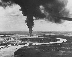 Aerial black and white photo of a river with buildings on its left-hand shore. A large column of smoke is rising from near the bank of the river.