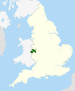 Map of England and Wales with a green area representing the location of the Shropshire Hills AONB