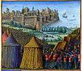 A fortified town surrounded by troops