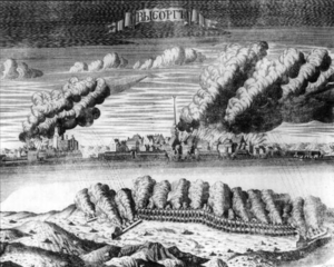 A black-and-white engraving of artillery firing across a river at a fort.