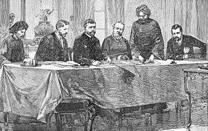 Drawing of men signing a treaty