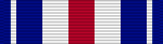 A horizontal blue bar ribbon charged with two thin white bars off of the left and right ends and three equal-width bars in the center (red in the center surrounded by white on either side)