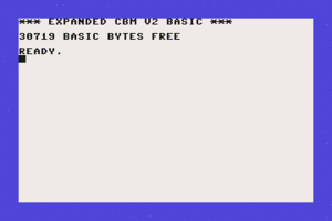 The Simons' BASIC start-up screen. Note the altered background and text colours (vs the ordinary C64 blue tones), and the reduction of available BASIC program memory by the 8 KB used by the cartridge (memory-mapped).