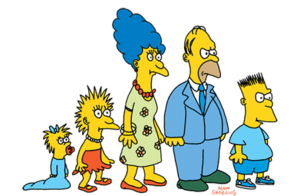 A cartoon drawing of a family, with a baby, two children, and two parents. They are dressed in casual and formal clothing, and have yellow skin.
