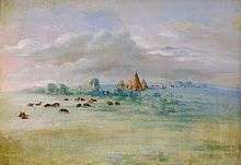 An oil painting on canvas of several tipis, buffalo, and people sitting or cooking