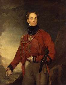 Painting of a balding man in a red military coat and lighter-colored trousers