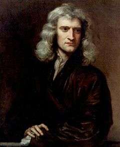 portrait of Isaac Newton with long hair looking left