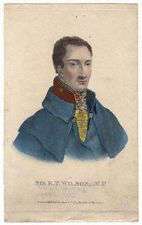Color print shows a man wearing a blue-grey cloak, open at the collar.
