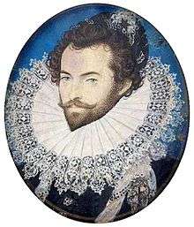 Portrait of Walter Raleigh, near age 32, by Nicholas Hilliard, c. 1585