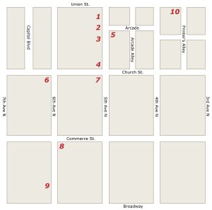 Map of downtown Nashville showing locations of 10 sit-in demonstrations. Five were located along 5th Avenue between Union and Church, others are within three blocks of 5th and Union.