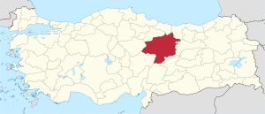 Sivas highlighted in red on a beige political map of Turkeym