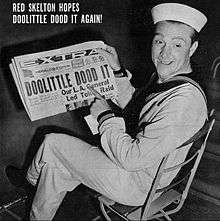 Skelton with "Doolittle Dood It!" newspaper headline, 1942