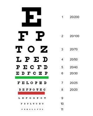 Snellen chart: rows of uppercase letters, the top row contains a very large 'E' and the size of the letters decreases with each row that follows.