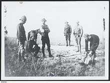 Soldiers wearing slouch hats or sun helmets observing a slaughtered sheep being cut up