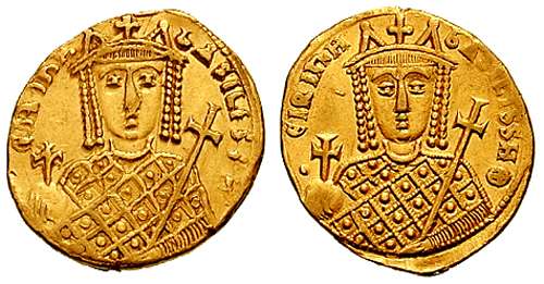 Obverse and reverse of a gold coin, showing the bust of a crowned woman, holding scepter and globus cruciger
