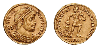 Solidus, obverse showing Julian as philosopher, reverse symbolizing the strength of the Roman army