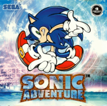 Cover art of Sonic Adventure, showcasing Yuji Uekawa's redesign of the titular character. Sonic is shown atop the game's logo, and the Sega logo is shown in the upper left hand corner.