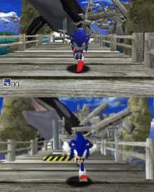 Top: Sonic runs from an orca that is chasing him in the original Dreamcast version of Sonic Adventure. Bottom: The same scene in Sonic Adventure DX, showing the graphical upgrades applied to the game.