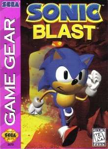 The North American Game Gear cover art of Sonic Blast. In it, Sonic, a cartoonish blue hedgehog with red shoes, runs through a desert-like environment. The game's logo is shown atop him, while the Game Gear banner is seen on the left-hand corner with the Sega brand logo and seal of quality. In the lower right hand corner, the rating label (K-A, meaning kids to adults) can be seen.