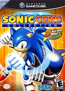 The North American GameCube cover art of Sonic Gems Collection. Sonic, a cartoonish blue hedgehog, does a fist bump-like gesture to the viewer, while Metal Sonic beckons. The game's logo is seen atop the two; the Nintendo Seal of Quality, Sega logo, and ESRB rating of E are shown from left to right across the bottom of the box.