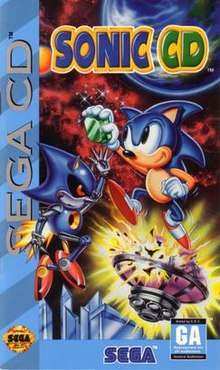 The North American cover art for Sonic CD, depicting Sonic fighting Metal Sonic for one of the Time Stones. The game's logo is shown atop the two; the Sega CD banner is on their left; and beneath them is the Sega logo, Seal of Quality, and the game's rating.