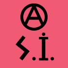 On a pink square field, the acronym S I, with a dot above the capital I. Above the acronym is an anarchist circled A.